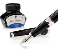 Set stylo plume Cleo Skribent Classic Palladium Noir, stylo plume à piston et 30 ml d'encre bleue