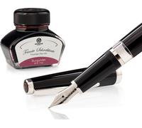 Set stylo plume Cleo Skribent Classic Palladium Noir, stylo plume à piston et 30 ml d'encre bordeaux