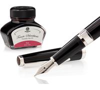 Set stylo plume Cleo Skribent Classic Palladium Noir, stylo plume à piston et 30 ml d'encre rouge