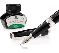 Set stylo plume Cleo Skribent Classic Palladium Noir, stylo plume à piston et 30 ml d'encre verte
