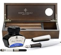 Set stylo plume Diplomat Aero blanc avec encre et étui en bois de wengé