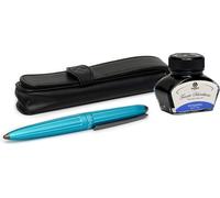 Set stylo plume Diplomat Aero turquoise clair avec étui en cuir et encre, épaisseur M
