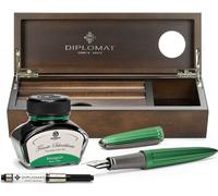 Set stylo plume Diplomat Aero vert avec encre et étui en bois de wengé