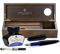 Set stylo plume Diplomat Elox Ring noir-bleu avec encre et étui en bois de wengé