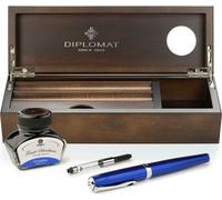 Set stylo plume Diplomat Excellence A2 Skyline Bleu avec encre et étui en bois de wengé
