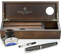 Set stylo plume Diplomat Excellence Aplus Wave guilloché lapis noir avec encre et étui en bois de wengé
