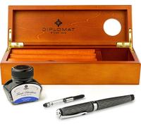 Set stylo plume Diplomat Excellence Aplus Wave guilloché lapis noir avec encre et étui en bois, épaisseur M