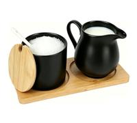 Set Sucrier Et Pot à Lait Céramique Avec Cuillère Et Plateau,Lait et de Sucre avec Couvercle,Accessoires de bar à Café,Pot de Rangement Pour Cuisine Compatible Micro-ondes Et Lave-vaisselle (Noir)