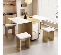Set Table à Manger + 4 Chaises - Blanc + Chêne - Table Extensible/Pliable 120x80 cm - Design Moderne - Multifonction