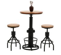 Set table de bar + 2x tabourets de bar HWC-N17, chaise de bar table haute réglable en hauteur pivotante repose-pieds industrielle bois naturel