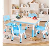 Set Table et Chaises Enfant 5 Pièces - Hauteur Réglable 81cm, Surface Dessinable, Rangement, Pieds Antidérapants,Bleu