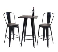 Set table mange-debout + 2x tabouret de bar HWC-A73, plateau en bois, design industriel, métal noir