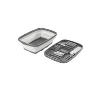 Set ustensiles de cuisine avec récipient, 2 lames et 5 râpes - Kit de rangement de cuisine avec passoire intégrée et planche à découper, en polypropylène et acier inoxydable, 34 x 23 x 11 cm, gris