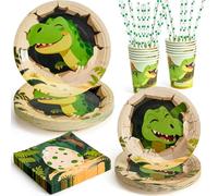 Set Vaisselle Jetable Dinosaure Anniversaire Enfant, Assiettes Plates Serviettes Gobelets Pailles Décoration Anniversaire Thème Jurassique Dinosaure Garçon Fille Vert 12 Personnes