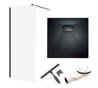 SET Walk-In Douche 80x195 + Receveur de douche 80x80 Carré Durci 8mm Nano Verre Noir Aspect Pierre SMC y compris siphon & raclette de bain | BADLAND KETIL VIDAR