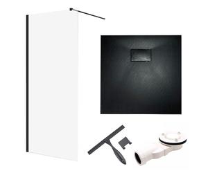 SET Walk-In Douche 80x195 + Receveur de douche 80x80 Carré Durci 8mm Nano Verre Noir Aspect Pierre SMC y compris siphon & raclette de bain | BADLAND KETIL VIDAR