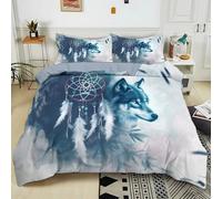 Sets de Housse Couette en Coton Microfibre 90x190 cm Attrape-Rêves Loup Bleu Parure de Lit 1/2 Personnes pour lit avec Fermeture Éclair, Housse de Couette avec 2 Taies d'oreiller