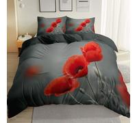 Sets de Housse de Couettes 200 x 200 cm, 2 Taies d'Oreillers Doux Microfibre Impression Literie Parure de Lit Linge de Lit avec Fermeture Éclair Plante Coquelicot Fleur Gros Plan Gris Anthracite