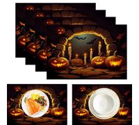 Sets De Table Lanterne Bougie Citrouille - 45 X 30 Cm - Tissu Lavable - Décoration De Table - pour Cuisine, Salle À Manger - Halloween Sombre - Orange Foncé