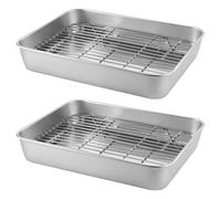 SEUNMUK Lot de 2 plaques de cuisson rectangulaires profondes en acier inoxydable avec grille métallique pour lasagnes, brownies, 26 x 20 x 5 cm, argenté