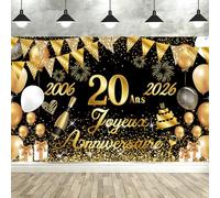 Seutgjie Banderole Joyeux 20 Ans 2006-2026, Décoration 20 Ans Toile de Fond Anniversaire Femme Homme, Bannière Joyeux Anniversaire pour Fête, Or Noir 180 x 110 cm