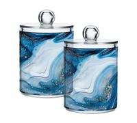 Sevdomey Lot de 2 pots d'apothicaire en plastique transparent avec couvercle pour boules de coton, cotons-tiges, tampons ronds et fil dentaire Bleu et blanc