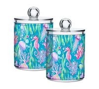 Sevdomey Lot de 2 pots d'apothicaire sous-marins Qtip en plastique transparent avec couvercle pour boules de coton, cotons-tiges, tampons ronds, fil dentaire