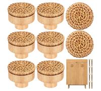 SEWACC 8 Pièces Boutons de Tiroir Ronds en Rotin et Bois, Style Bohème | Vis, Design Simple et Décoratif, pour Portes D’armoire et Buffets
