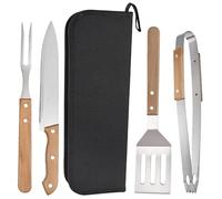 SEWOART Kit Outils pour Barbecue en Acier Inoxydable et Bois, Fourchette à Barbecue et Pince, Spatule de Coupe, Poignée Ergonomique, Léger et Portable, pour Teppanyaki et Crêpes
