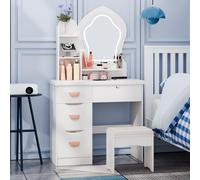 sexaoalx Makeup Vanity Desk with LED Lighted Crown-Shaped Mirror, Vanity Table with 4 Drawers and Opening Shelves, Bedroom Dressing Table with Stool
