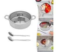 Shabu Shabu Hot Pot - Marmite divisée - 32 cm - 304 Inox - 2 compartiments - Couvercle en verre - 2 louches - Induction & Gaz - Gris clair