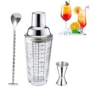 Shaker à cocktail,Shaker à Cocktail en Acier Inoxydable, Shaker à Cocktail en Verre,avec Tasse Mesurer et Cuillère,pour Bar,3pcs
