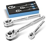 Shall Lot de 3 Clés à Cliquet Réversibles | 1/4", 3/8", 1/2" 90 Dents avec Dégagement Rapide | Acier Chrome-Vanadium pour Espaces Restreints & Angle de Mouvement de 4°