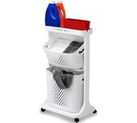 Shally Dogan Chariot à linge avec roulettes, 2 étagères multifonctionnelles, panier d'économie d'espace, avec panier à linge amovible, panier basculant, plateau de rangement supérieur (blanc)