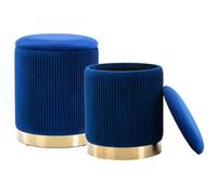 Shally Dogan Lot de 2 poufs de rangement en velours, design moderne avec bande en métal, repose-pieds rond spacieux, tabouret rond avec couvercle amovible et assise rembourrée haute densité (bleu)