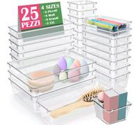 Shally Dogan Lot de 25 organiseurs pour tiroirs en plastique transparent, séparateurs de conteneurs peu encombrants pour le maquillage, la cuisine, les couverts, les objets, la salle de bain, les