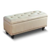 Shally Dogan Pouf de Rangement avec revêtement en Simili Cuir, Repose-Pieds pour Chambre à Coucher, Banc, Tabouret de Salon, canapé avec Structure et Pieds en Bois (Beige)