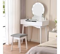 Shally Dogan Table de Maquillage avec Tabouret modèle Laura avec 8 Lampes LED, Miroir avec Table et tiroirs en Bois Blanc, Assise Confortable rembourrée, Miroir de Poste de Maquillage, lumière Froide