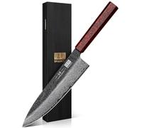 SHAN ZU Couteau de Chef Damas 20cm Acier SG2 Forgé à la Main Japonais | Noyau Poudre 67 Couches 64 HRC, Lame Ultra Tranchante, Manche Ergonomique Bois Urushi, Coffret Cadeau en Bois