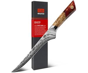 SHAN ZU Damast Filetiermesser 18cm Ausbeinmesser mit SG2-Pulverstahlkern | handgeschmiedetes Fischmesser 91 Lagen Damaststahl, ergonomischer Ahorngriff - WHITE TIGER Serie