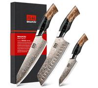 SHAN ZU Set de Couteaux de Cuisine Japonais 3 Pièces Acier Damas et Cuivre | Set Couteaux 33 Couches Ultra Tranchant 12°, Manche Bois d'Érable avec Couteau Chef, Santoku et Office