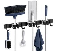 Shanzoify Accroche Balai Mural Acier Inoxydable, 3 Supports + 4 Crochets Noir Organisateur Autocollant Sans Perçage pour Balais et Serpillières, Garage, Buanderie, Cuisine et Jardin