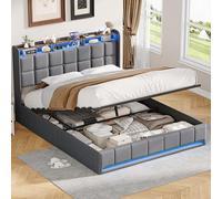 SHAODENG Lit rembourré 160 x 200 cm avec coffre de lit hydraulique, éclairage LED et prises, tête de lit rembourrée avec espace de rangement, lit avec sommier à lattes, lin gris, sans matelas