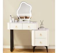 SHARPDO Coiffeuse avec Miroir LED, Caisson Aspect Simili Cuir & Plateau en Verre Trempé, Table de Maquillage avec 4 Tiroirs, Extensible 80 à 110 cm, Blanc, Compacte pour Chambre