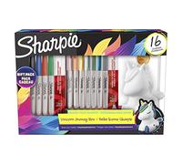 Sharpie Coffret-cadeau de stylos marqueurs permanents - Tirelire licorne et stylos marqueurs - Pointe fine - Assortiment de couleurs Mystic Gem - 16 unités - Cadeaux licorne pour filles et garçons