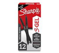 Sharpie S-Gel, stylos gel, corps métallique élégant, noir mat, pointe moyenne (0,7 mm), encre noire, 12 pièces