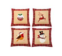 SHATCHI Lot de 4 Housses de Coussin Motif Renne, Bonhomme de Neige, Rouge-Gorge de Noël, Pudding imprimé, Toile de Jute, Coton et Lin, pour canapé, lit, décoration d'intérieur