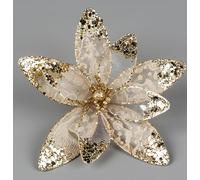 SHATCHI Lot de 6 Poinsettias de Noël à Paillettes - Fleurs artificielles Ivoire et dorées - avec Clips métalliques - Décorations de Sapin de Noël, Mariage, Nouvel an
