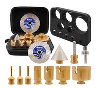 SHDIATOOL Jeu de mèches diamantées 10pcs (6/6/8/25/35/50/68MM+10mm Courbe Fraise à doigts+50mm Mèche à chanfrein+Hex+115mm Lame de scie) Kit de sciage de trous Mèches pour carrelage Filetage M14