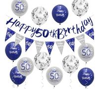 Sheinly Décorations de 50e anniversaire pour homme Bleu Argent Décorations de fête d'anniversaire 50e anniversaire Bleu Joyeux 50e anniversaire Kit de banderoles